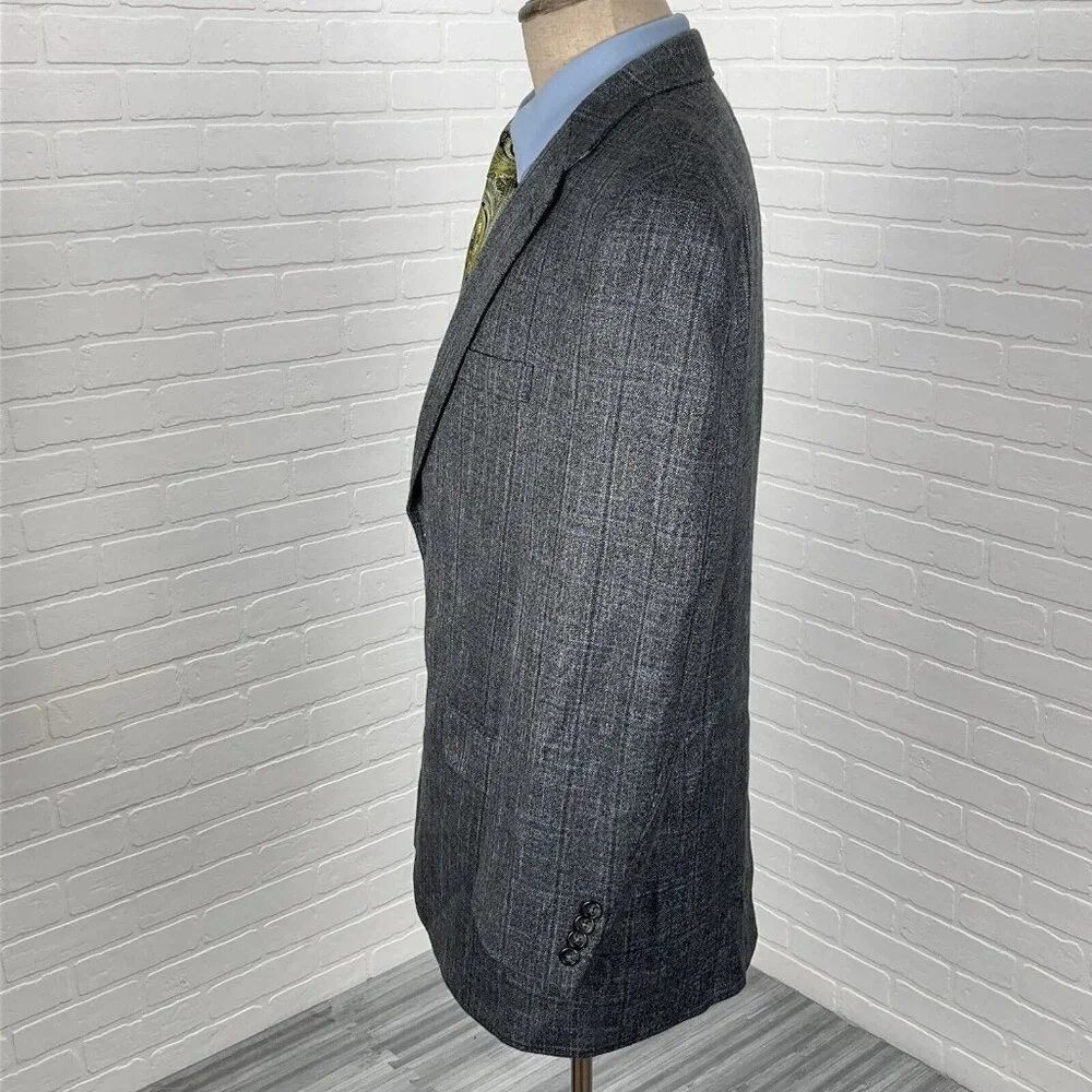 Hart Schaffner Marx Blazer Men 42R Gray Blue Plaid‎ Gold Trumpeter Carlanda USA
